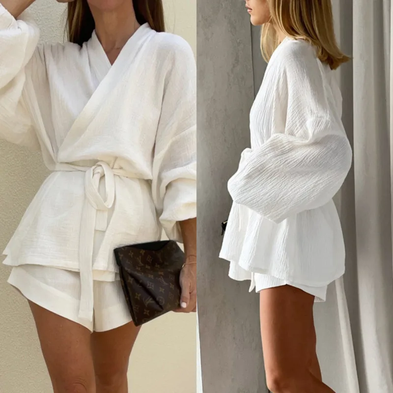 

Ins Solid Color Tie Waist Oversized Long Sleeve Top Designer Casual Bermuda Shorts New Stylish Women's Loungewear Two Piece Set