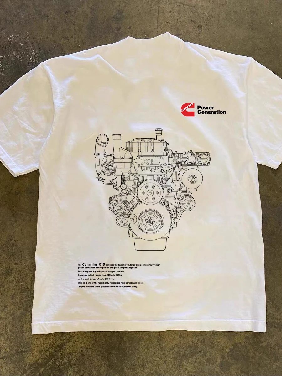 Cummins X15 Engine Sketch Print Cotton Short Sleeve T-Shirt for Tractor Engineering Machinery Lovers Breathable Casual Tee