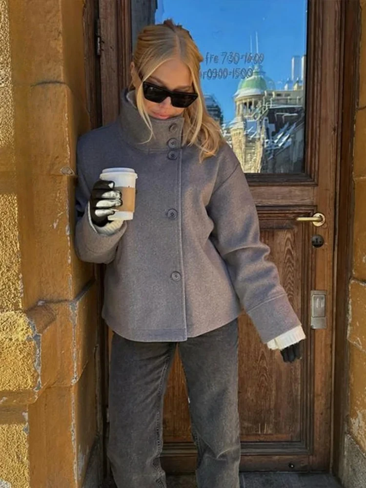 

Новое элегантное женское шерстяное пальто на весну-осень 2026 года: коричневое, с поясом, воротником-стойкой, длинными рукавами, однобортное