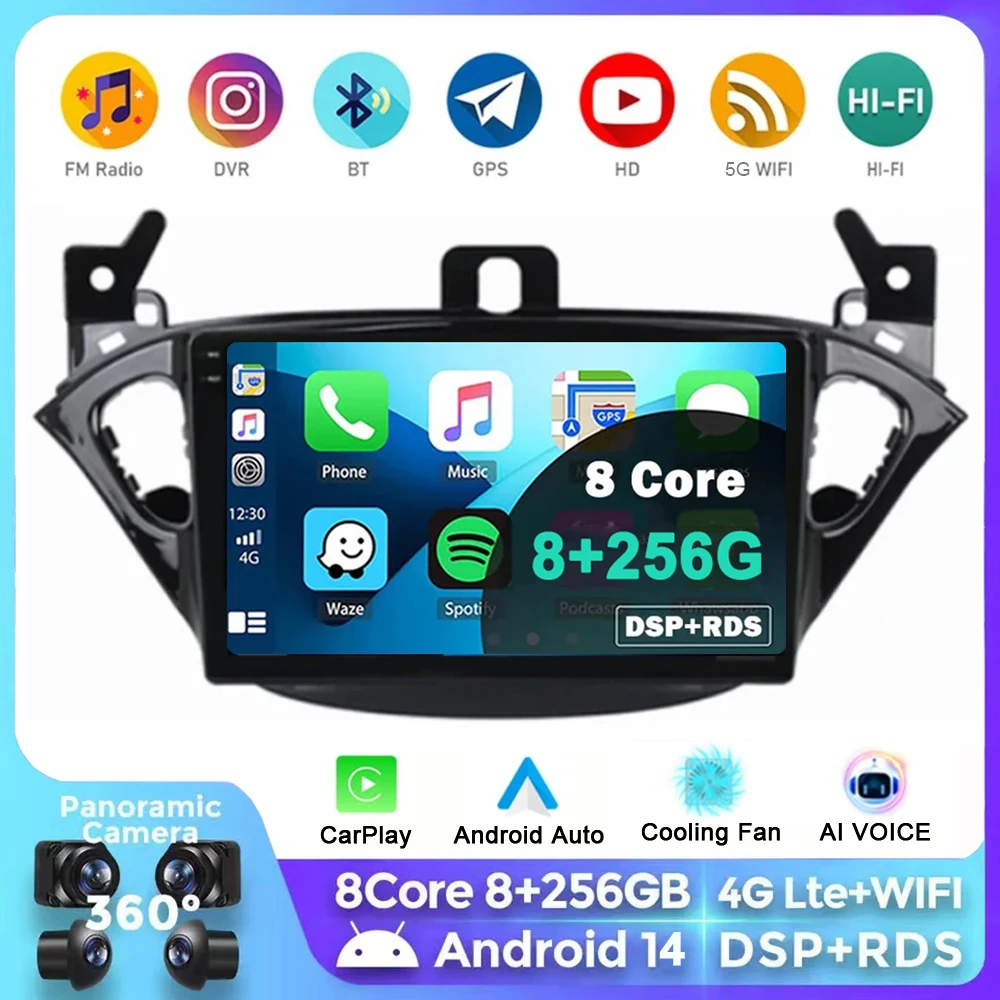 CarPlay 2 Din Android 14 รถวิทยุมัลติมีเดียสําหรับOpel Corsa E 2014 2015 - 2019 GPSนําทางอัตโนมัติสเตอริโอBT WIFI