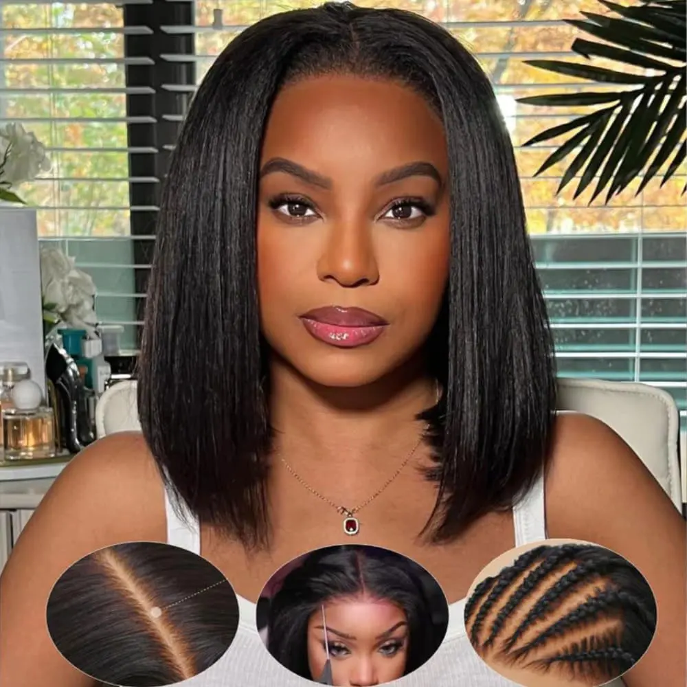 Perruque Bob courte Yaki avec cheveux vierges brésiliens, perruque avant en dentelle transparente HD, perruque de cheveux humains droite Yaki avec bébé crépu, 13x4