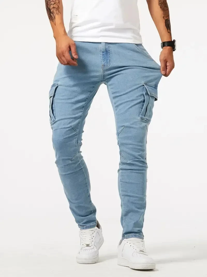 2025 Street Elastic Jeans Men Denim Cargo Pants Wash Solid Color Multi Pockets Casual Mid Waist Trousers Slim Daily Wear Joggers