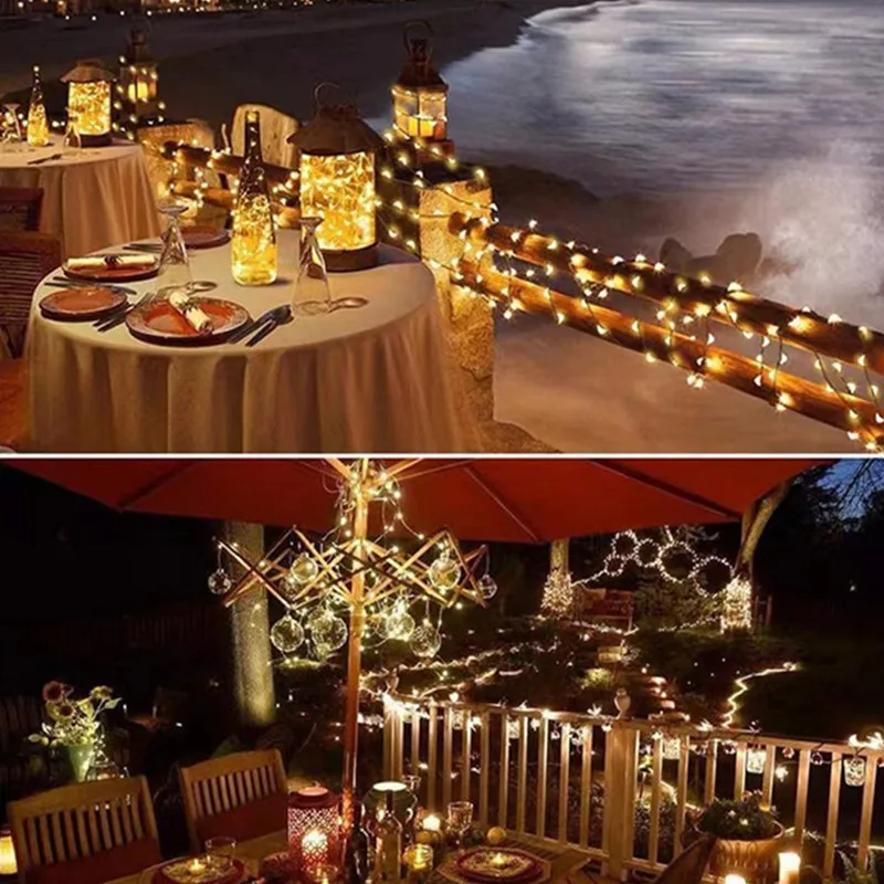 في الهواء الطلق سلسلة ضوء الشمس LED الجنية جارلاند الأسلاك النحاسية ضوء حديقة ساحة حفل زفاف عيد الميلاد الديكور مصباح 8 وضع