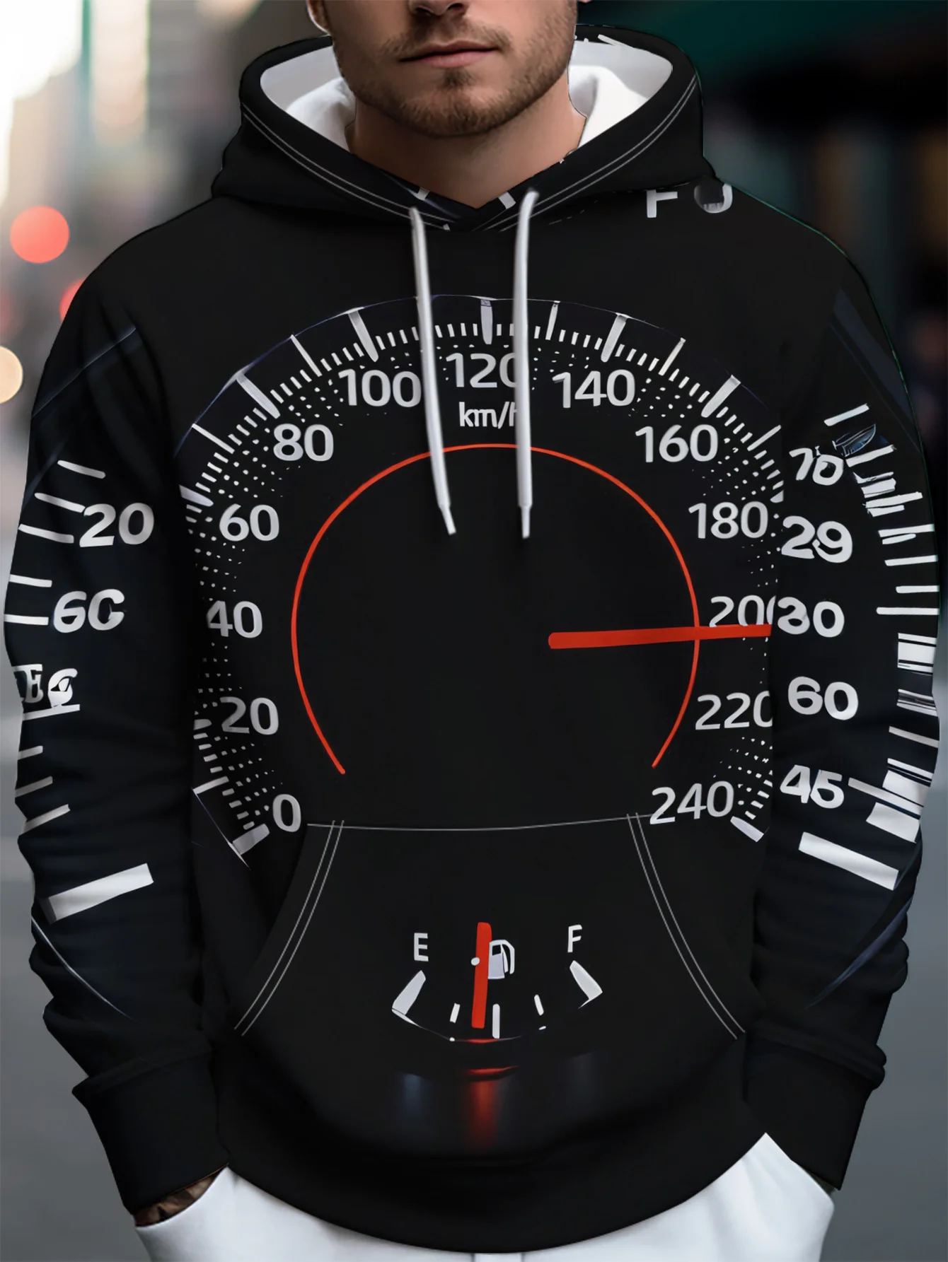 Customization Men's Fashion Street Style Hooded Sweatshirt With Car Dashboard Displaying 200km/h Speed And Low Oil Level - Featu