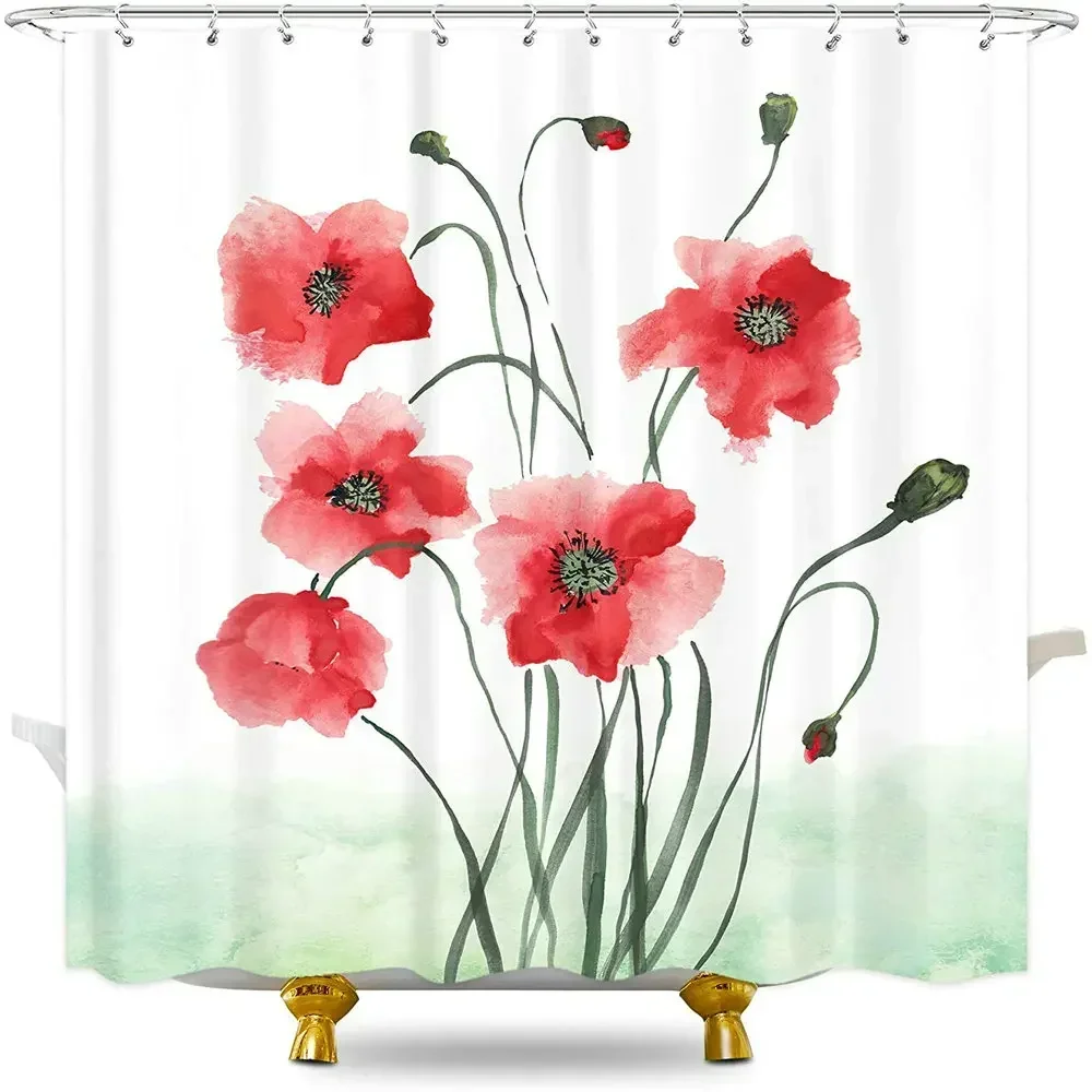 Red Flower Poppy Shower Curtain Watercolor Floral Bathroom Decor Women Girl Spring Botany Bouquet Nature Polyester Fabric Screen