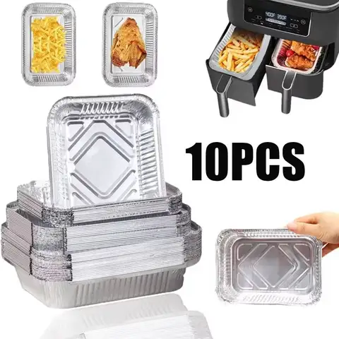 10PCS New With Lids Aluminum Foil Trays Disposable Square Foil Food Containers Non-Stick Cooking Kitchen Tool BBQ Bowl Takeaway