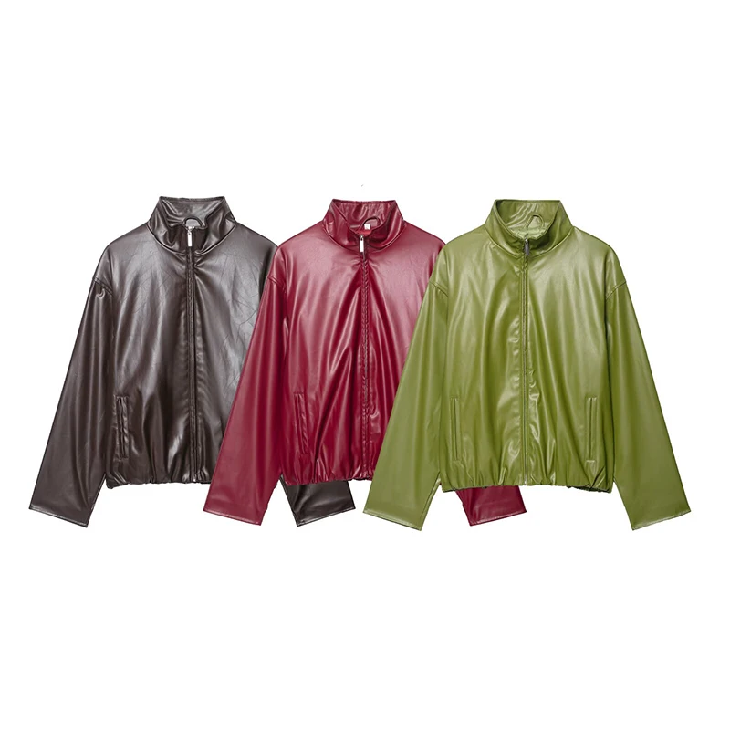 

Willshela женская мода из искусственной кожи сплошной передней молнией винтажная высокая шея с длинными рукавами женские шикарные женские наряды