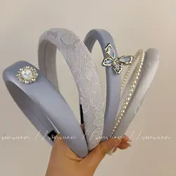 Silver Diamond Butterfly Pearl Women Headband 2024 Spring Summer Blue Romantic Butterfly Elf Head Band Princess Hair Accessory