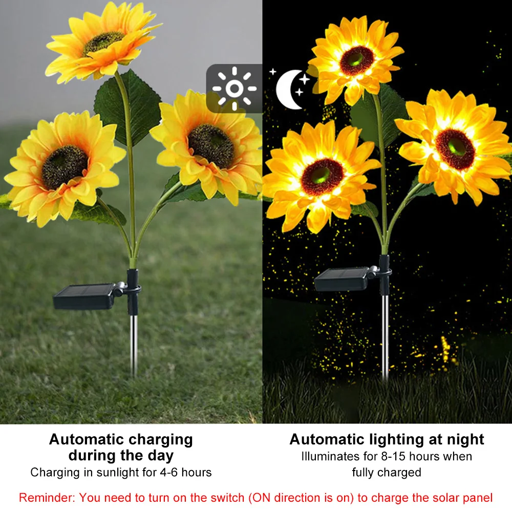 1/3 cabeza LED solar girasol exterior césped de exterior luz IP65 impermeable jardín césped luces de noche paisaje lámpara decorativa hogar