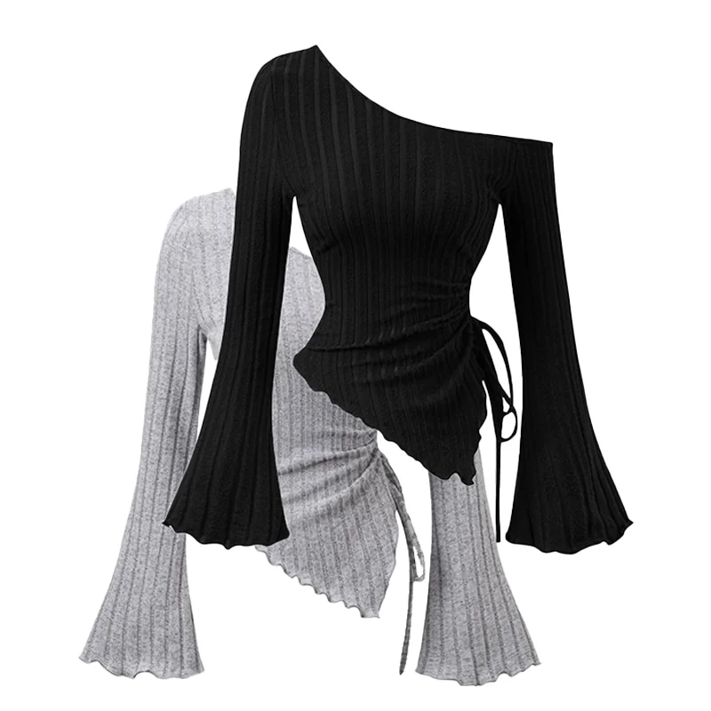 

Raw-Edge Brushed Ribbed Long Sleeve Tee: Structural Asymmetry with Flared Cuffs & Off-Shoulder Neckline for Y2K
