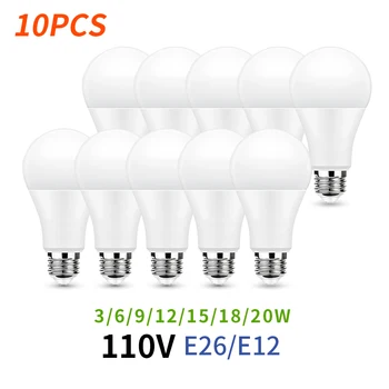 LED 전구, 가정 및 사무실 조명용 높은 루멘 조명, E26, E12, AC110V, 20W, 18W, 15W, 12W, 9W, 6W, 3W, 3000K, 4000K, 6000K, 10 개