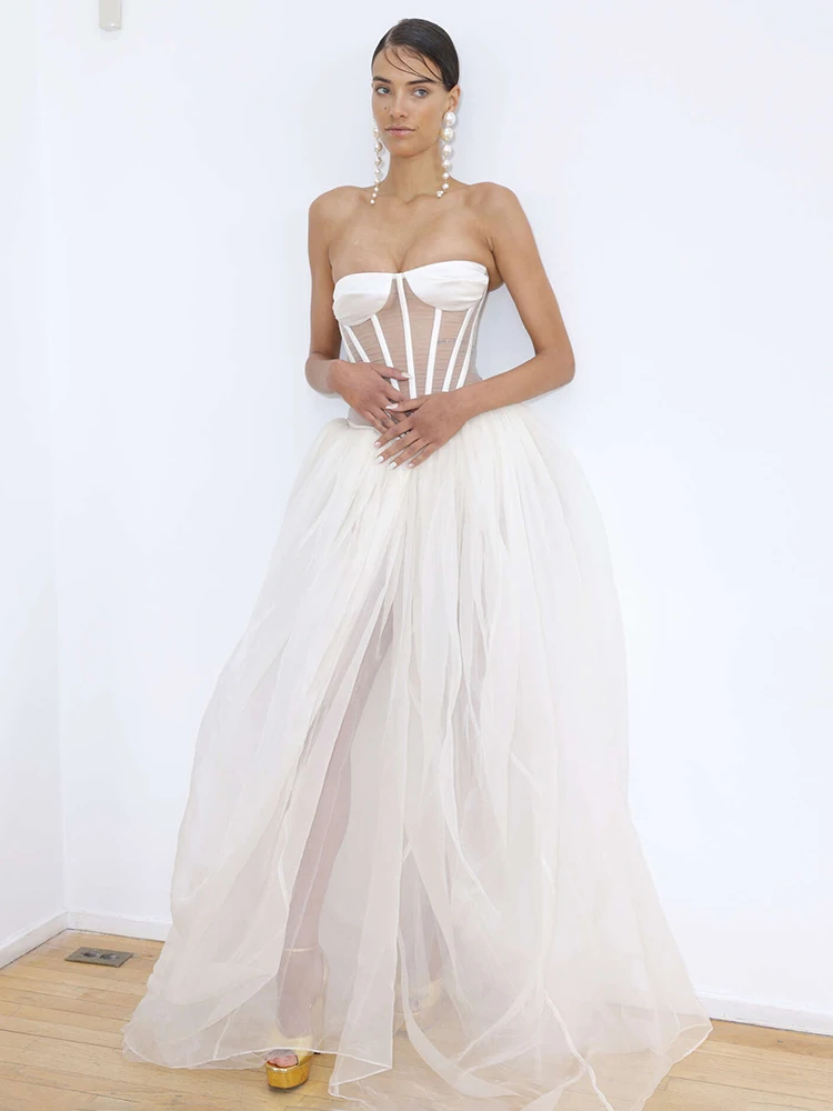 

Party Evening Dress Boned Bodice Strapless Gown See-through Mesh Corset Back Closure White Tulle Long Maxi Cocktail Vestidos