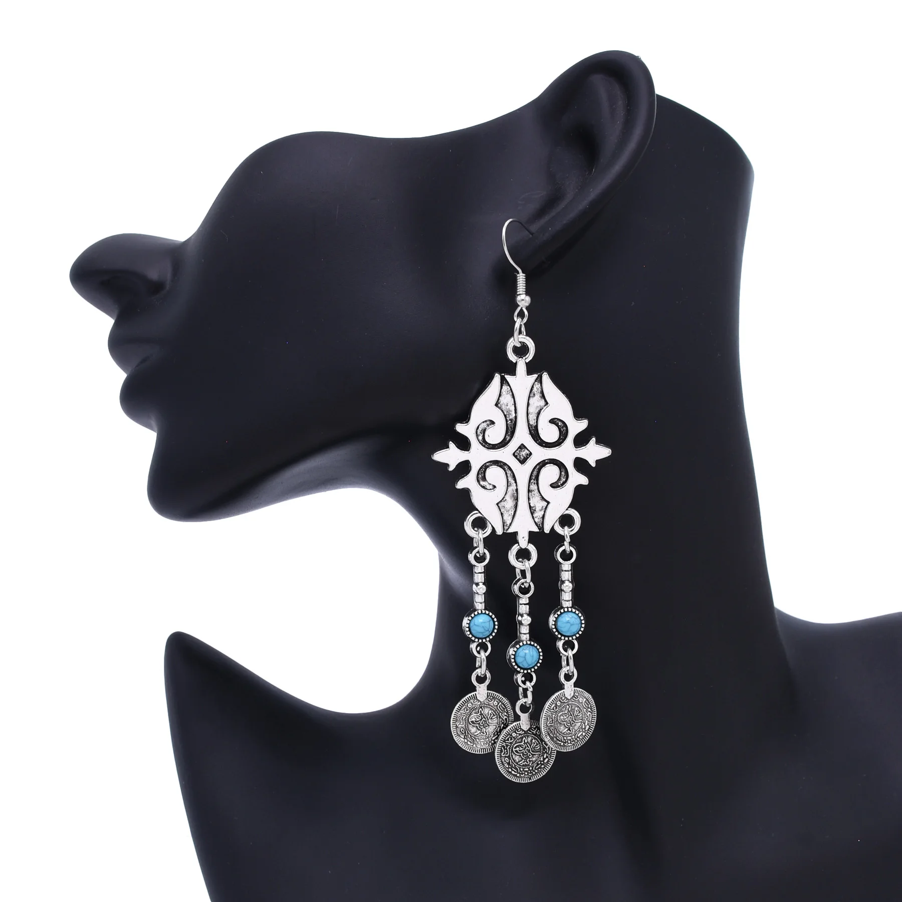 Central Asia Carving Coin Pendant Earrings Imitation Of Pine Stone Ethnic Vintage Women Alloy Accessories