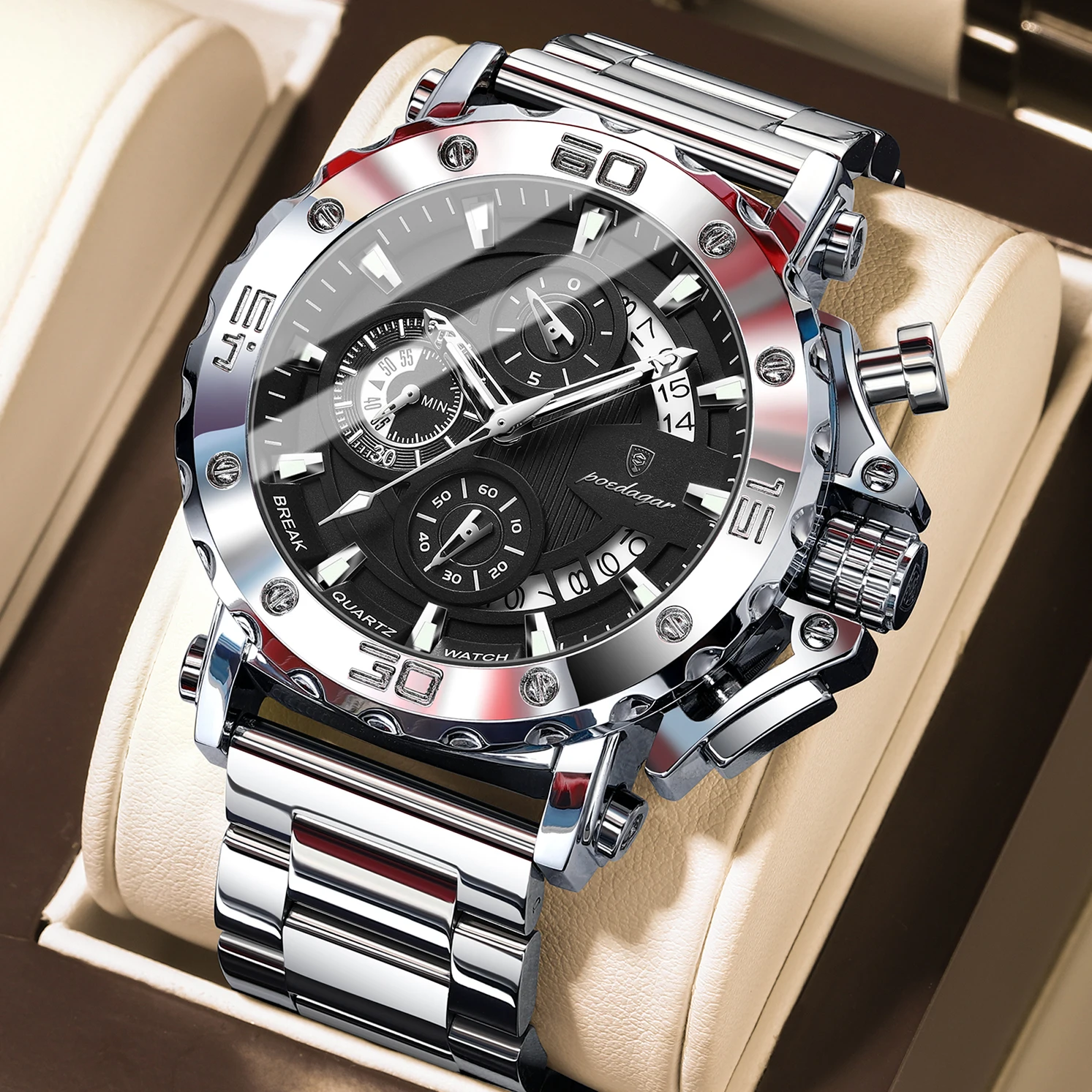 POEDAGAR Top-Luxus-Herrenuhr Leuchtend Wasserdicht Business-Herrenuhr Datum Chronograph Edelstahl Quarz Herrenuhren Reloj