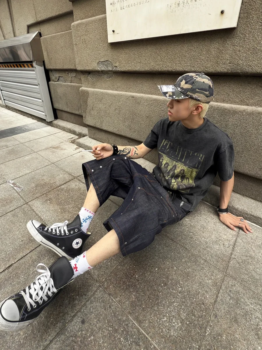 American Retro Streetwear Knee-High  Denim Shorts Men's Summer Fake Two-Piece Rivet Double Waist Head Seven-Foot Mid-Pants