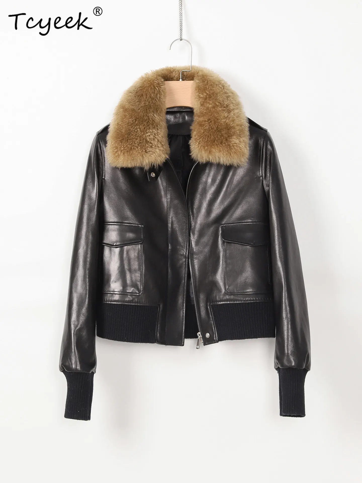 Tcyeek 100% Sheepskin Real Leather Jacket Women 90% White Goose Down Liner Detachable Coat Woman Cashmere Collar Winter Clothes