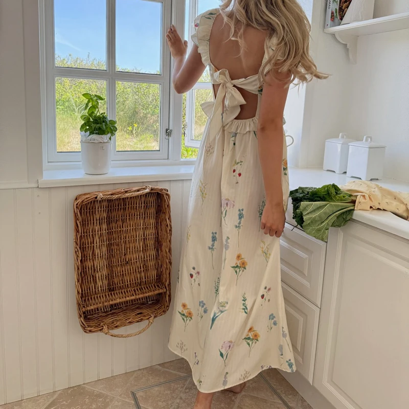 Abito lungo da donna con stampa grafica Boho Beach Scollo a V con volant Abito a trapezio Abito elegante da donna con allacciatura senza schienale Abito lungo