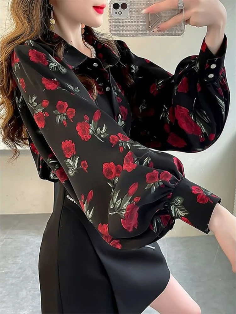

Женская элегантная шифоновая блузка с длинным рукавом, винтажный принт с розами, свободный крой, модный топ