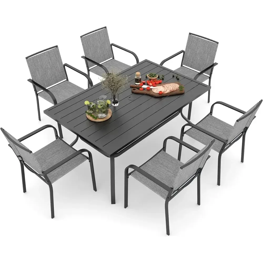 6-Piece Outdoor Dining Set with 60 Rectangle Table and Stackable Gray Chairs, All-Weather Garden Furniture