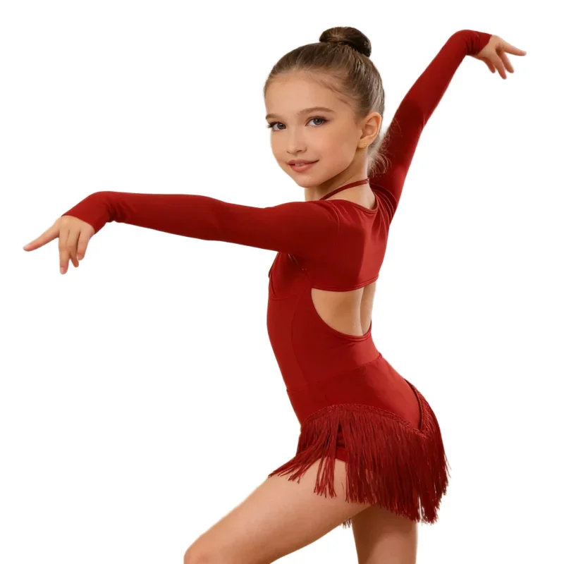 Child Latin Dance Body Top for Girls Long Black Sleeves Stylish Leotard Kid's Dance Wear for Rumba Chacha Jumpsuit 2026 Summer