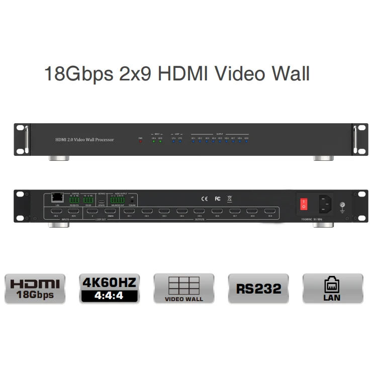 Prosesor Video Wall HDMI 4K 2X9 dengan Kontrol IP RS232, Pengontrol Video Wall HDMI 3X3 untuk Sistem Home Theatre