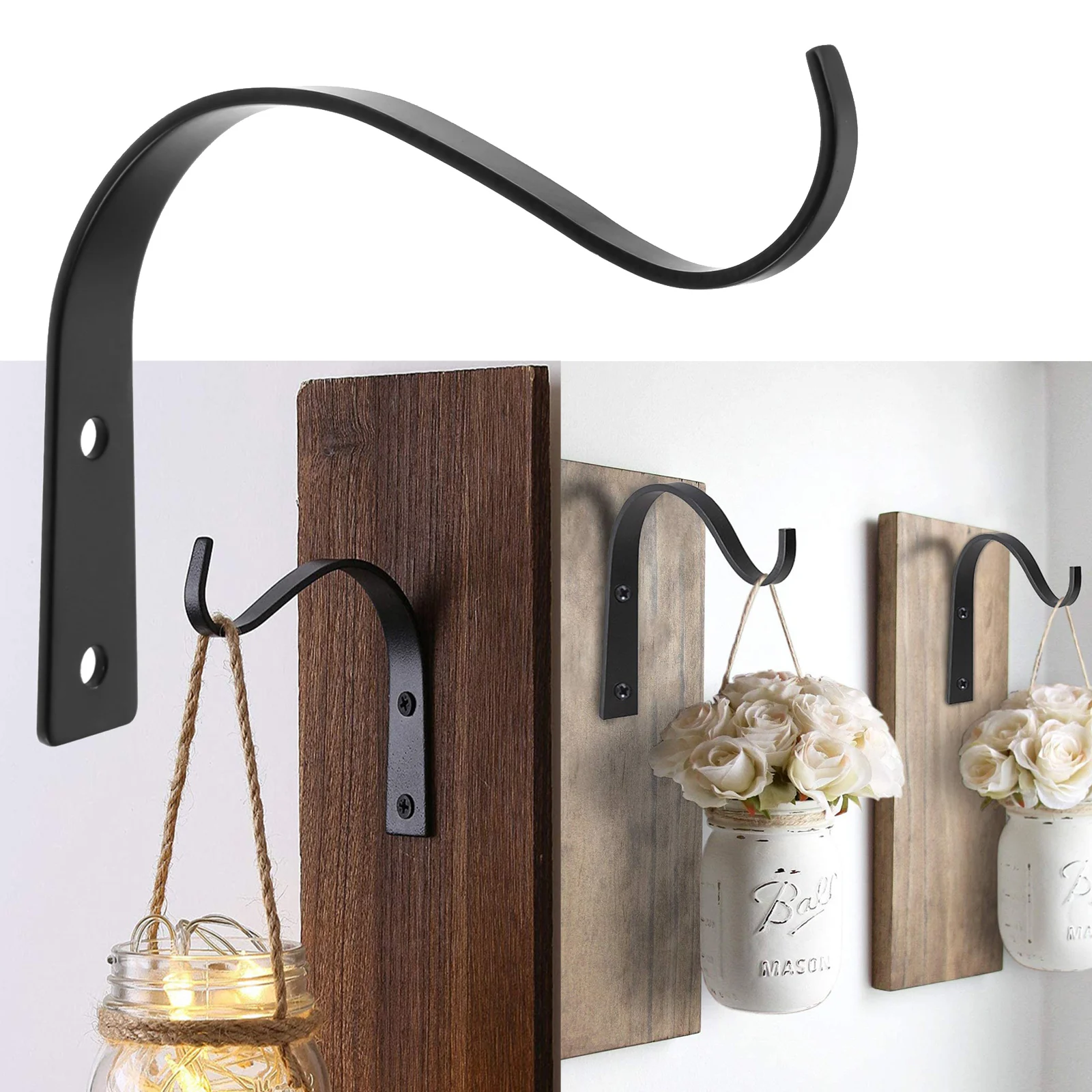 114*90mm Wall Mounted Outdoor Plant Basket Flowerpot Bending Hanging Hook Metal Iron Lantern BirdFeeder Hanger Garden Decoration