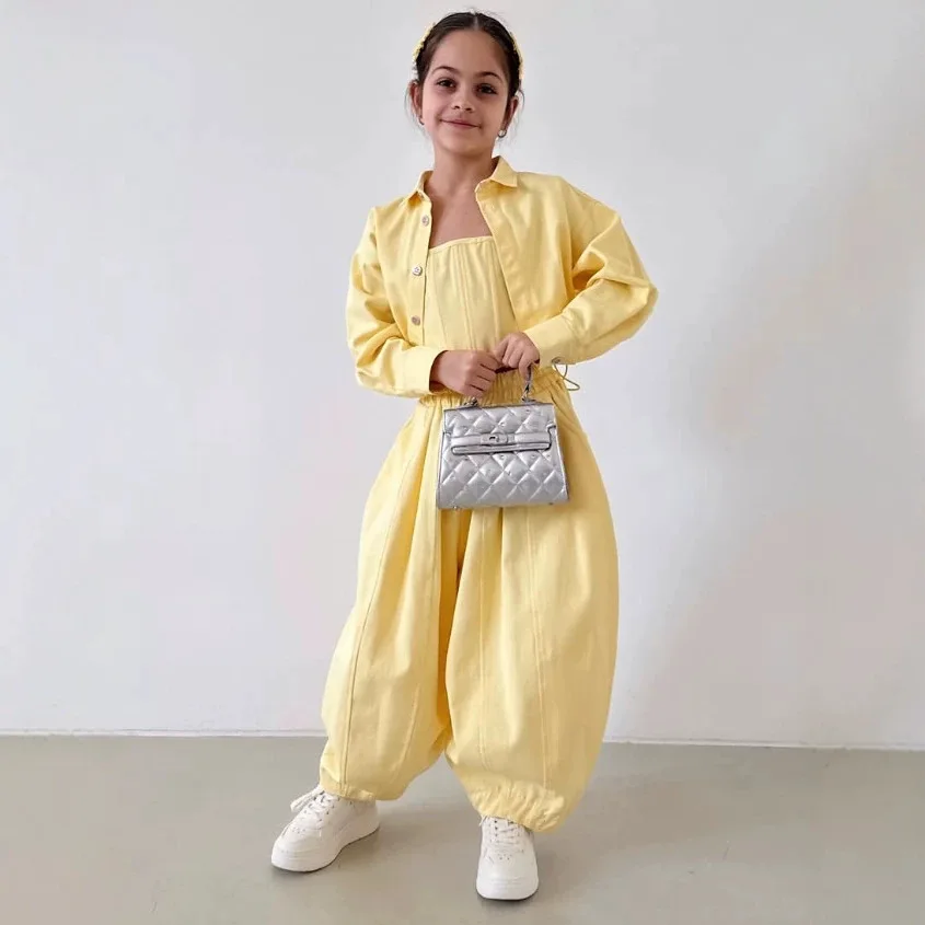 Girls Suit 2026 Spring and Autumn New Childrens Clothes Girls Baby Russian Style Casual Coat with Chest Trousers Three-piece Set