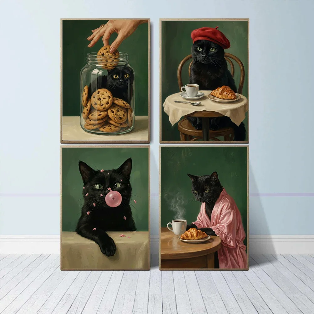 Multiple sizes 1pc frameless Canvas Painting,Interesting And Cute Black Cat With Desserts Food Beverages Alcoholic Beverages Art
