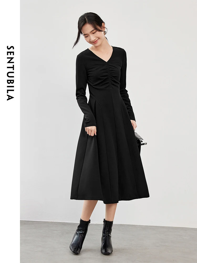 

SENTUBILA Retract Waist Knit Black Dress for Women 2024 Autumn Solid Slim Fit Shirring V Neck Long Sleeve Women Dress 143L56478