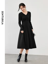 SENTUBILA Retract Waist Knit Black Dress for Women 2024 Autumn Solid Slim Fit Shirring V Neck Long Sleeve Women Dress 143L56478