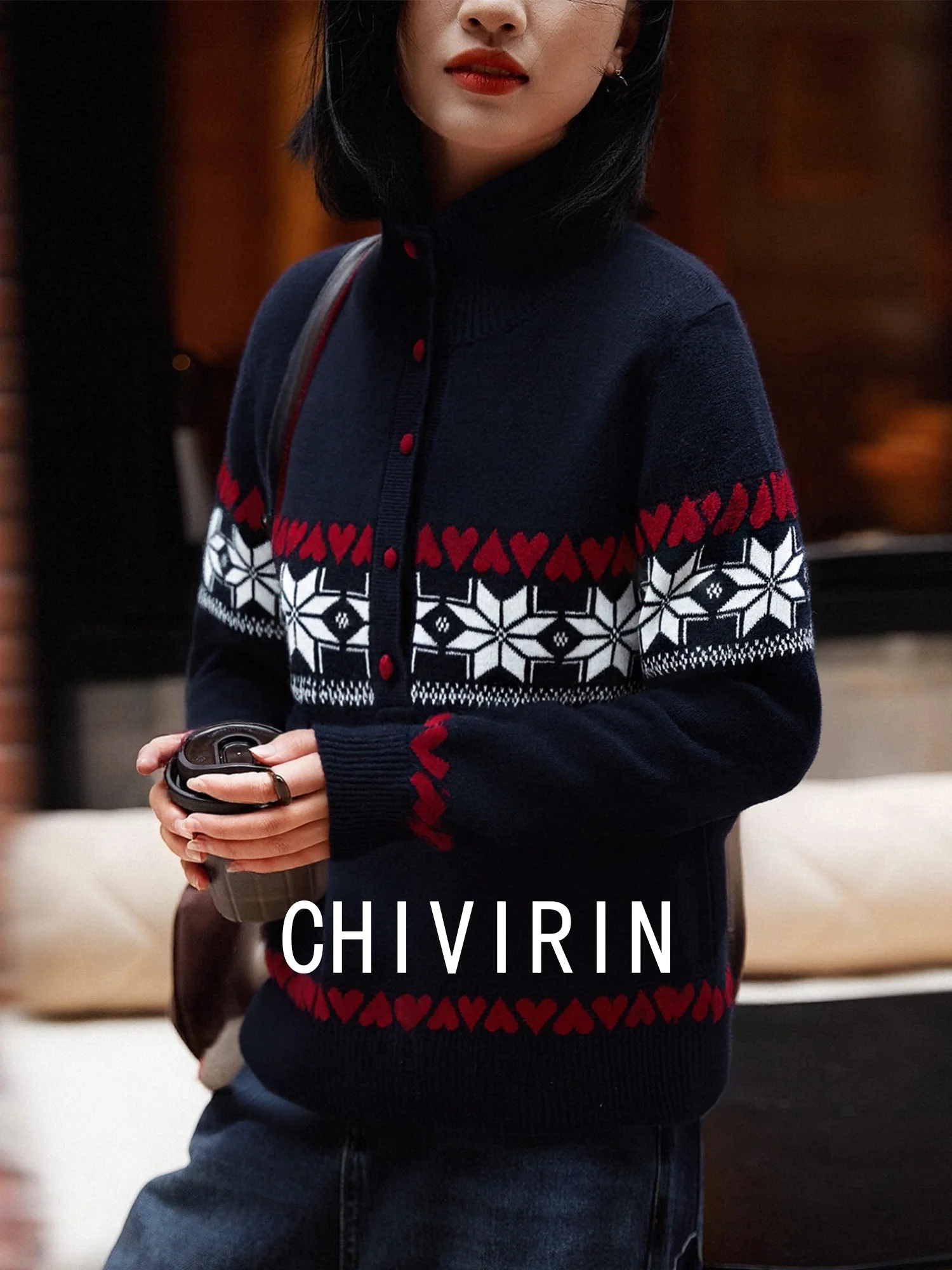 

Chivirin Vintage Sle f High Collar Knitted Sweater Women's Mid-Length Warm Woolen Geometric Pattern Long Sve Top