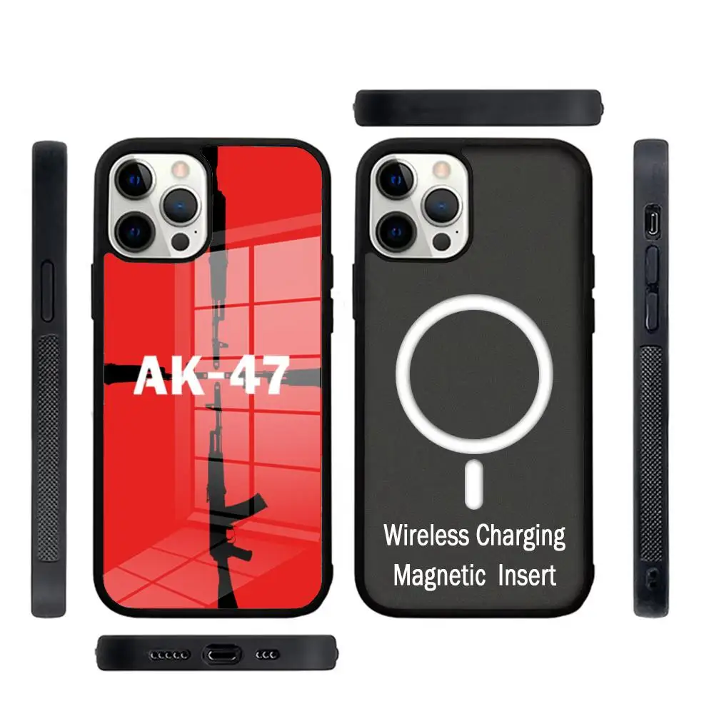 

AK47 Rifle Gun Phone Case Glass For IPhone 16 15 Promax 14 13 Pro 12 11 Magnetic charging Covers