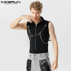 Men Bodysuits Solid Color Lapel Sleeveless Streetwear Zipper Fitness Male Rompers Tank Tops 2023 Sexy Bodysuit Men S-5XL INCERUN