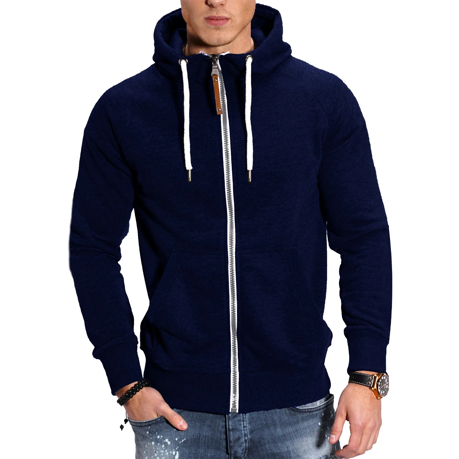 2024 New men\'s contrasting raglan sleeves, zippered cardigan, hooded hoodie, casual cardigan, men\'s hooded cardigan hoodie, plus