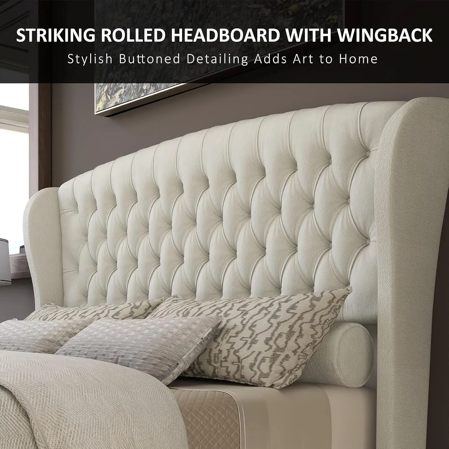 Queen Size Platform Bed Frame, Chenille Upholstered Sleigh Bed with Scroll Wingback Headboard & Footboard/Button Tufted/No Box S image 5