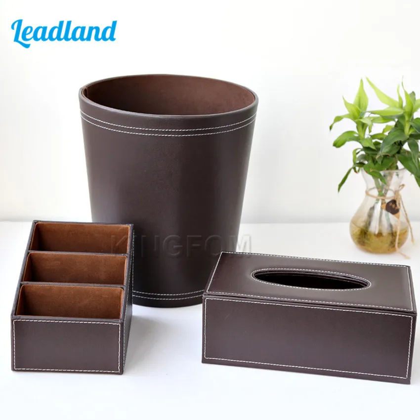 3 pcs PU Leather Office Supplies Desk Organizer Sets Remote Controller Storage Box Tissue Box Holder Trash Bin T78