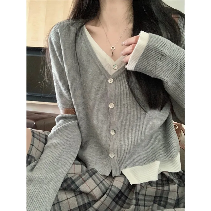

Autumn Winter Fashion Fake Two Pieces Patchwork Vintage Knitted Cardigan Women's Clothing Casual Loose V-neck Sweaters