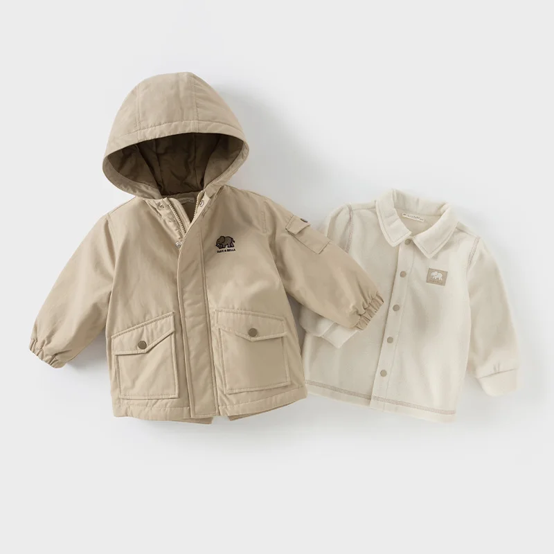 Dave Bella Boys Girls Warm Coat Baby Khaki Winter Thickened Hooded Jackets Children Outerwear Kids 2pcs Sets Clothes DB4243062