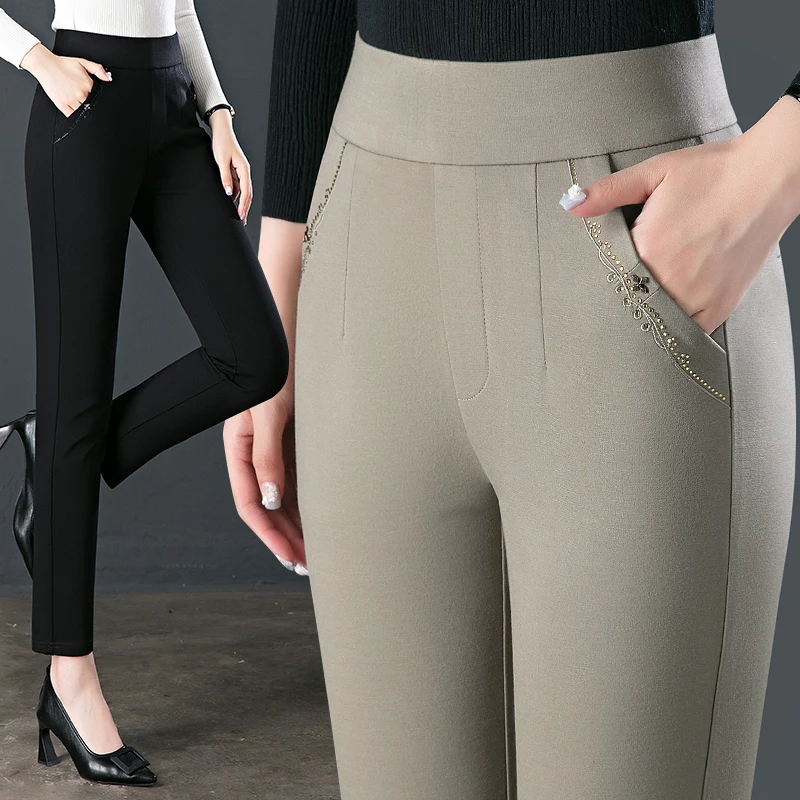 2024 autumn new women's casual pants for middle-aged and elderly mothers elastic high waisted cropped pants khaki women's pants