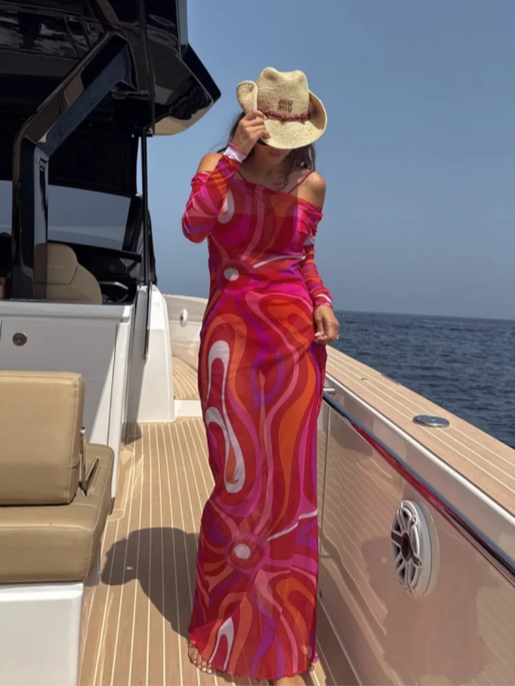Vestido largo ajustado de malla transparente para mujer, vestido Sexy con estampado elegante sin mangas, ajustado, para vacaciones en la playa, traje informal diario para mujer