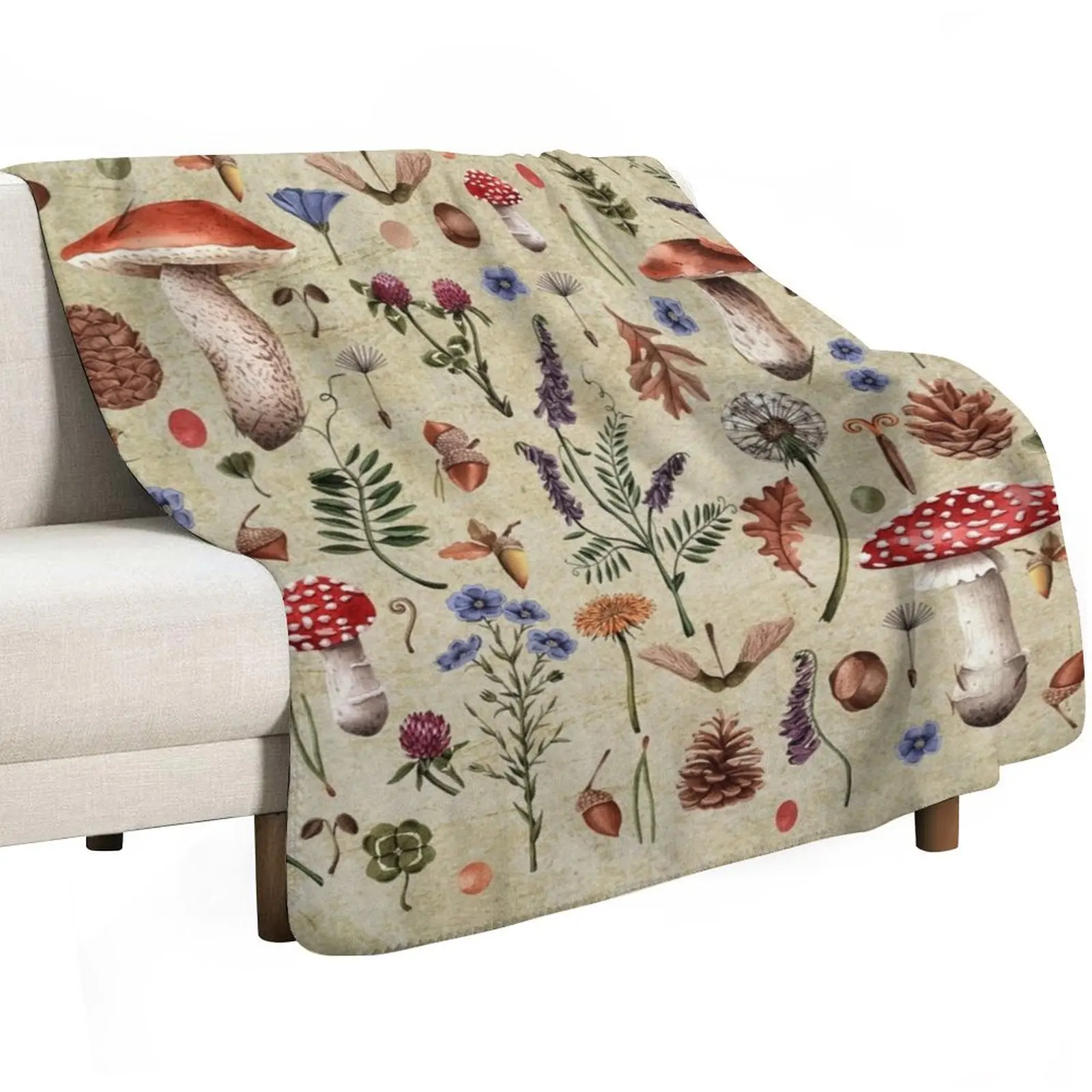 Retro botanical mushrooms, wildflowers d??cor, neutral colors floral design Throw Blanket Thin Cute Blankets