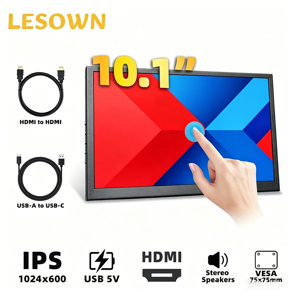 LESOWN 10.1inch Touch DIY Micro PC Sub-screen 1024x600 Matte Black External Display Built-in Speakers for Libre Computer Rig