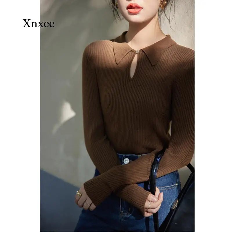 

Knitted Lapel Tops Korean Elegant Elastic Full Sleeves Autumn Top Mujer Solid Loose New Sweaters Fashion Hollow Clothing Outwear