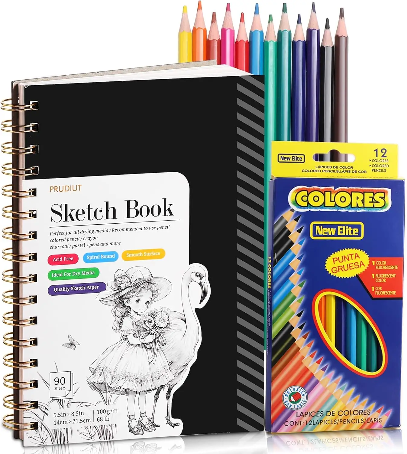 

Sketch Book & 12 Colored Pencils Set, 90 Sheets Spiral Sketchbook, Acid-Free 100gsm Paper, 5.5x8.5 inch
