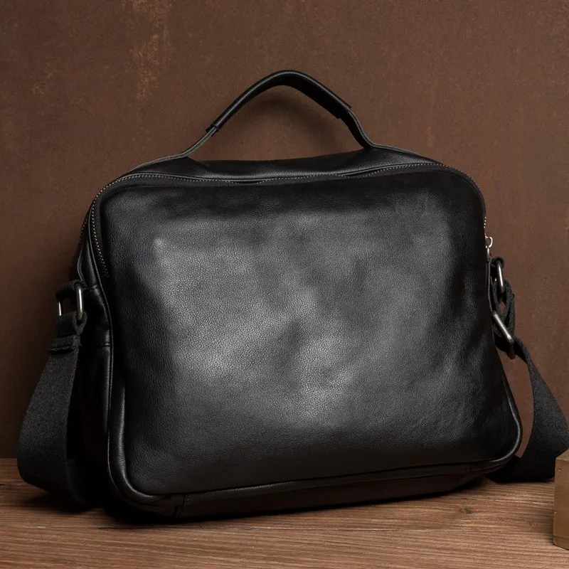 Men's Genuine Top-Grain Leather Horizontal Shoulder Bag Soft Commuter Crossbody Casual Messenger Bag