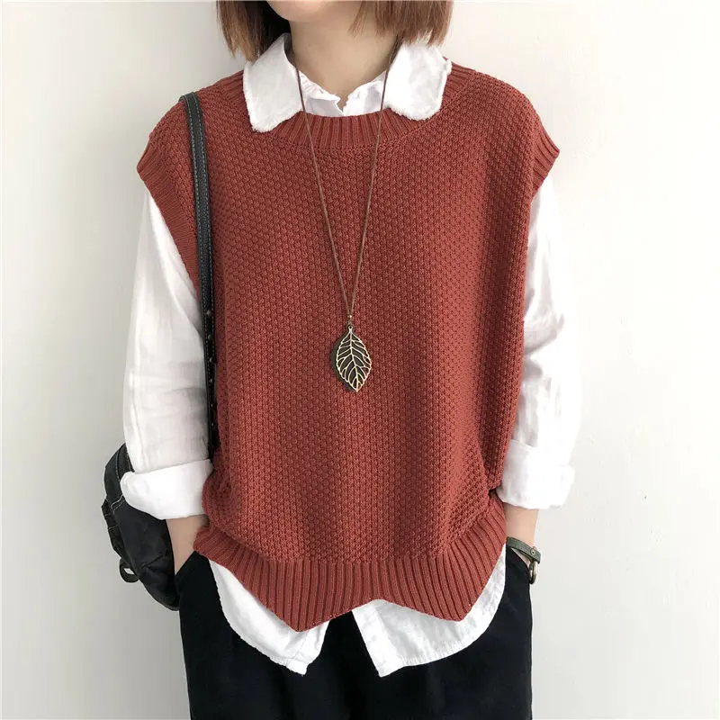 Korean Casual Women's Solid Knitted Vest 2025 Spring Fall Loose Irregular Round Neck Pullover Short Basic Outerwear Vintage Hot