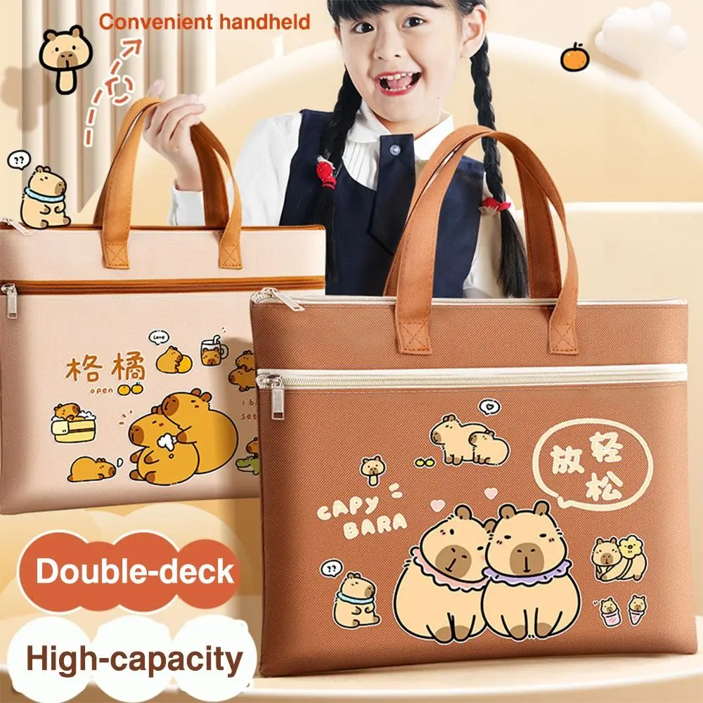 Multifunction Double Layer Tote School Bag Canvas Large-capacity A4 File Bag Capybara Archive Tote Bag Students