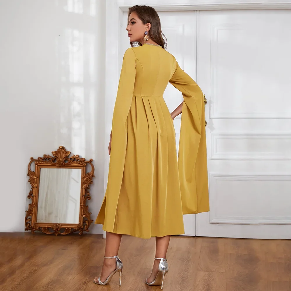 Women Eid Muslim Yellow Dresses Flare Sleeve V Neck Dubai Abayas Embroidery Party Dress Long Robe Patchwork Kaftan Arab Vestidos