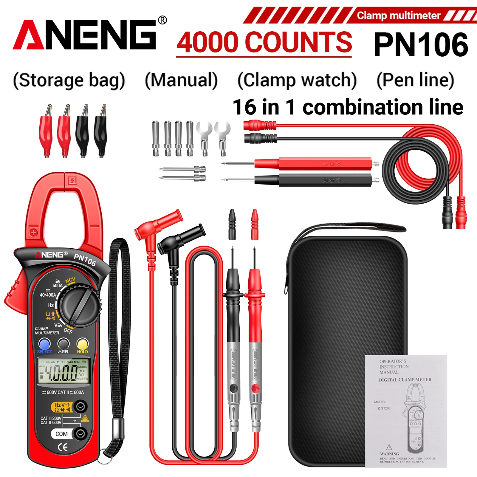 ANENG PN106 Stroomtang Digitale multimeter AC/DC Stroomspanningstester 600A Hoge precisie 4000 tellingen Tester Elektricien Gereedschap