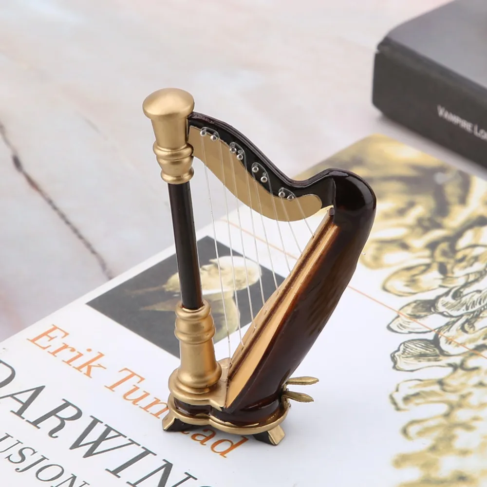 2pcs Wooden Miniature Harp Model Storage Box Included Replica Musical Instrument Ornament Small Harp Instrument Office Display